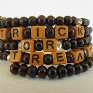 Hand Crafted Trick or Treat Halloween Wrap Bracelet Brown Orange Gold Crystal